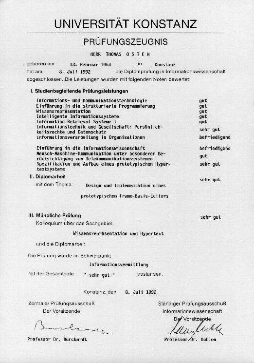 Informationswissenschaft Zeugnis