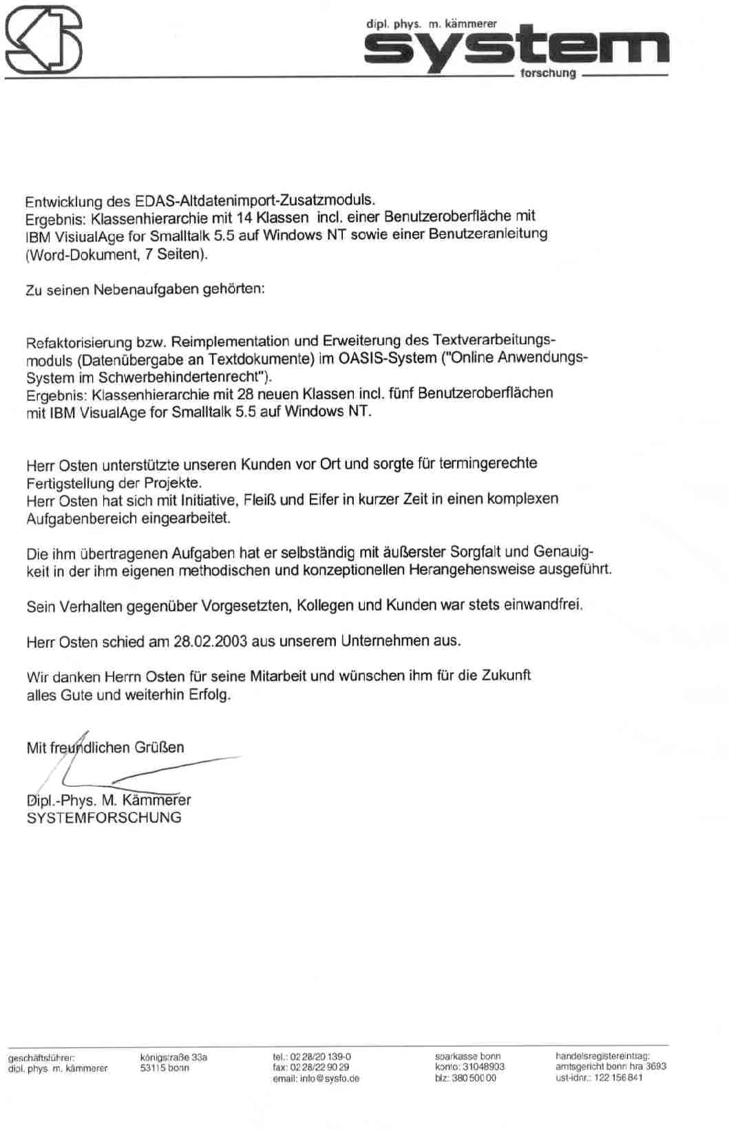 Systemforschung Arbeitszeugnis vom 03.11.03, Seite 2.